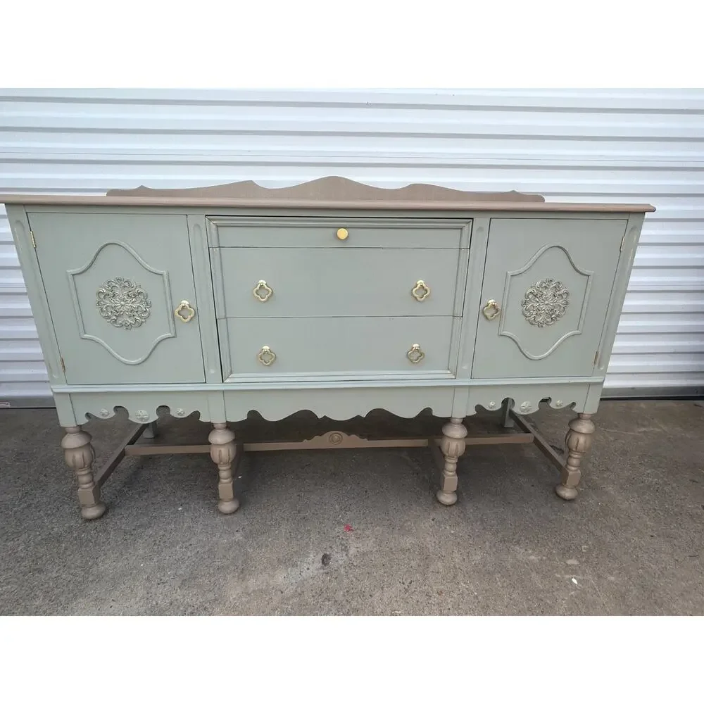 Vintage Jacobean Buffet, Antique Sideboard Cabinet, Coastal Cottage Farmhouse Cr
